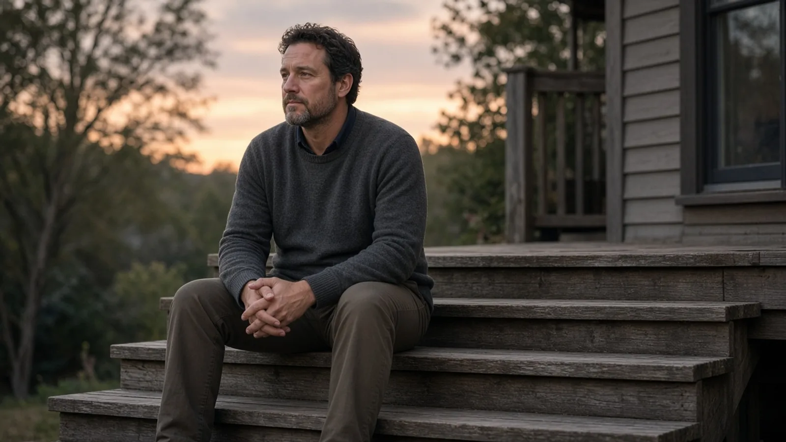 Man sitting thoughtfully on outdoor steps at dusk after a family day