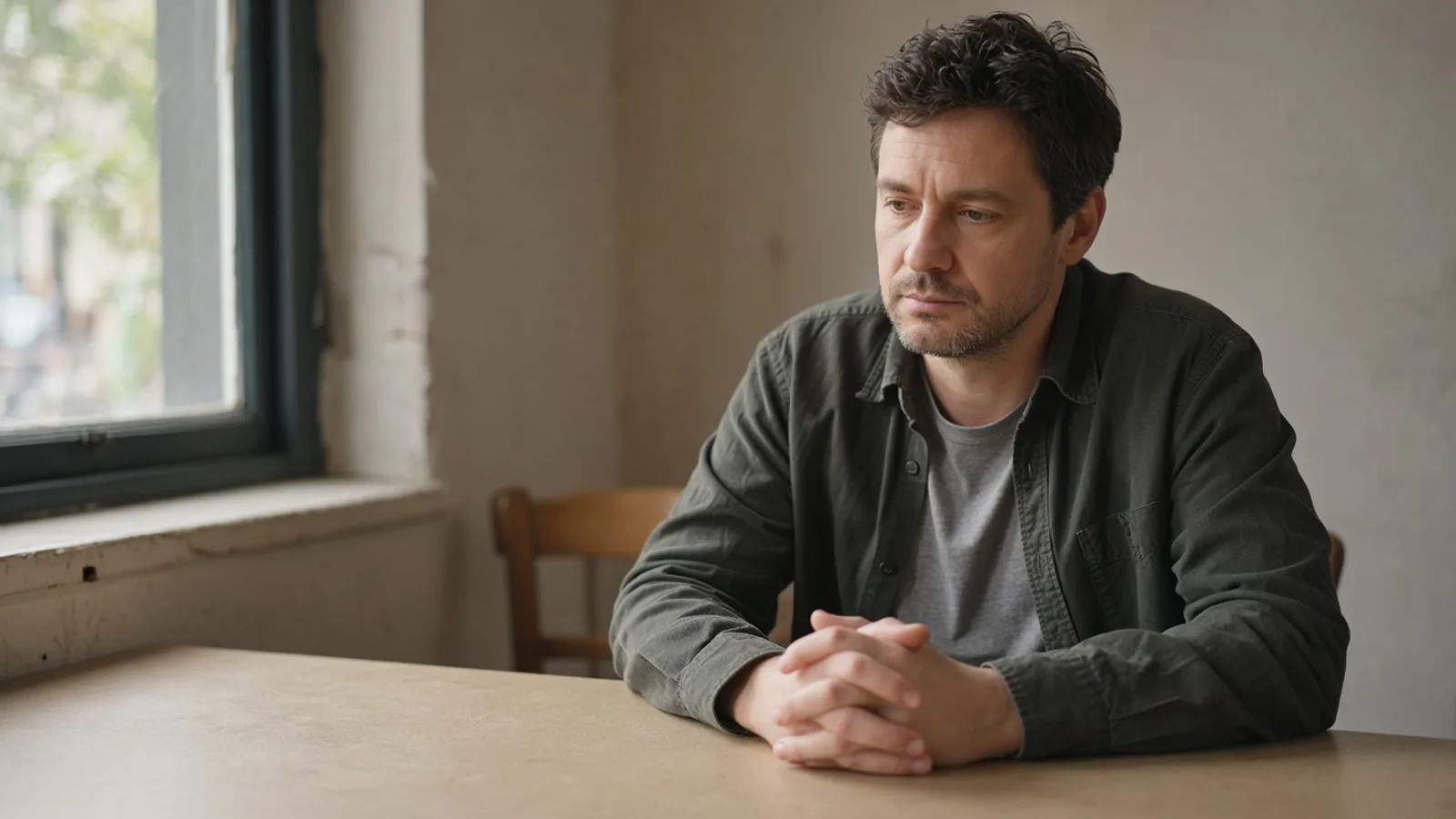 Man at a cafe table pausing thoughtfully while weighing a difficult request