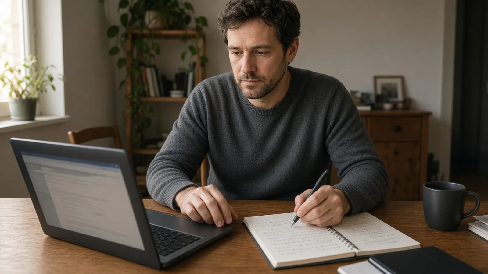 Man at a practical home desk with a laptop, planning a task before using AI