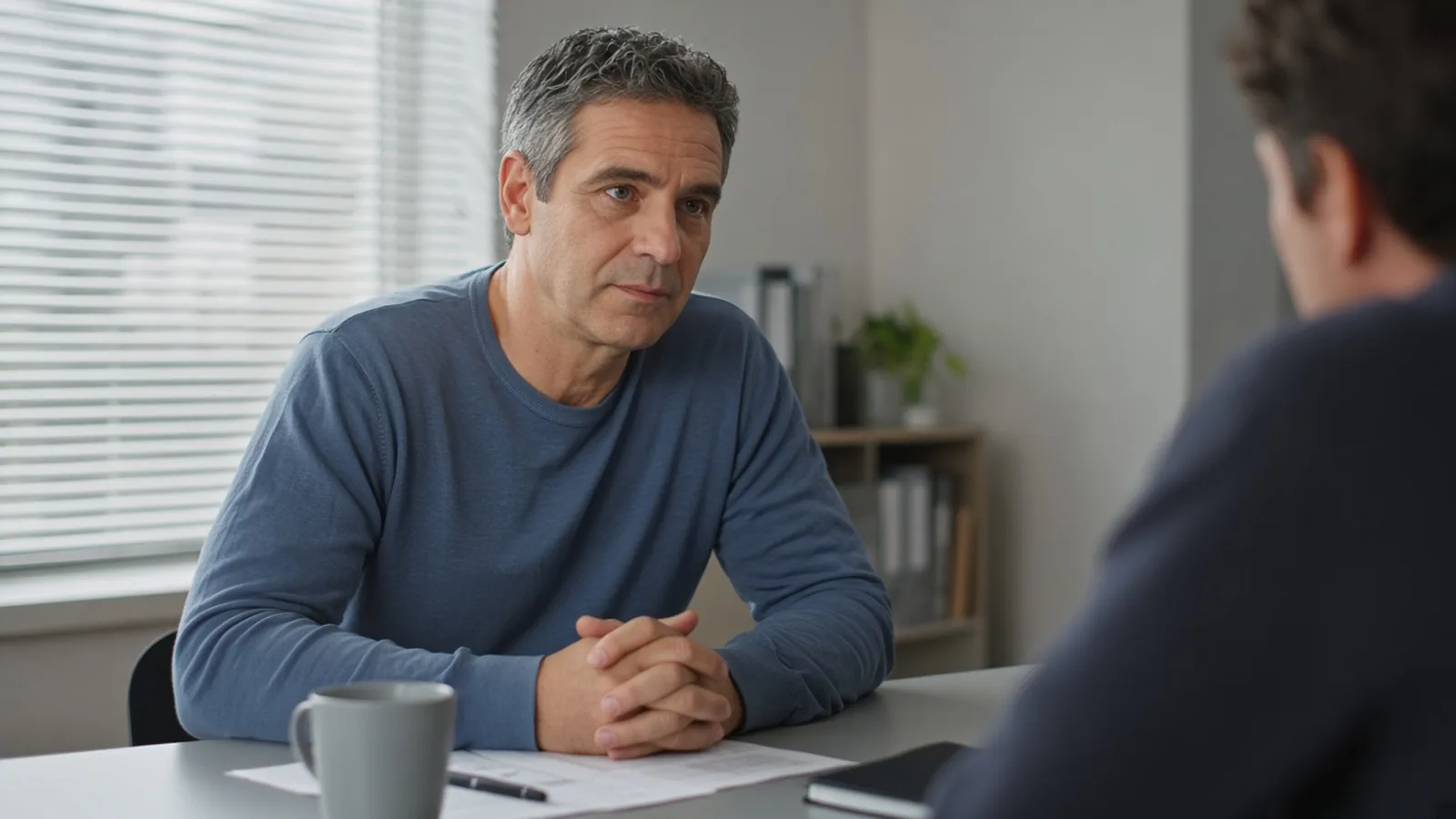 Two colleagues in a calm workplace conversation, listening with care