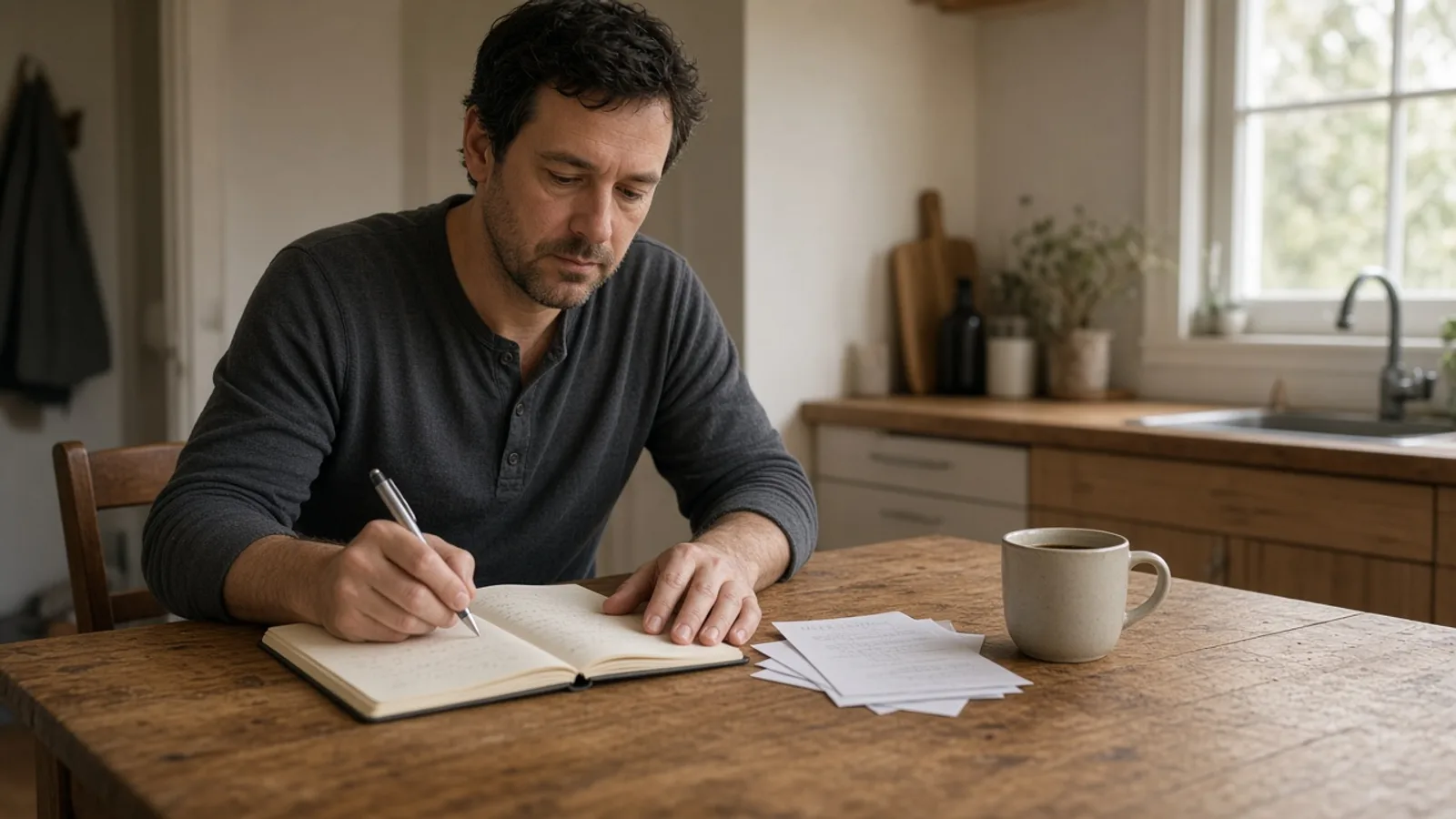 Man reviewing a notebook and household paperwork at a kitchen table in morning light