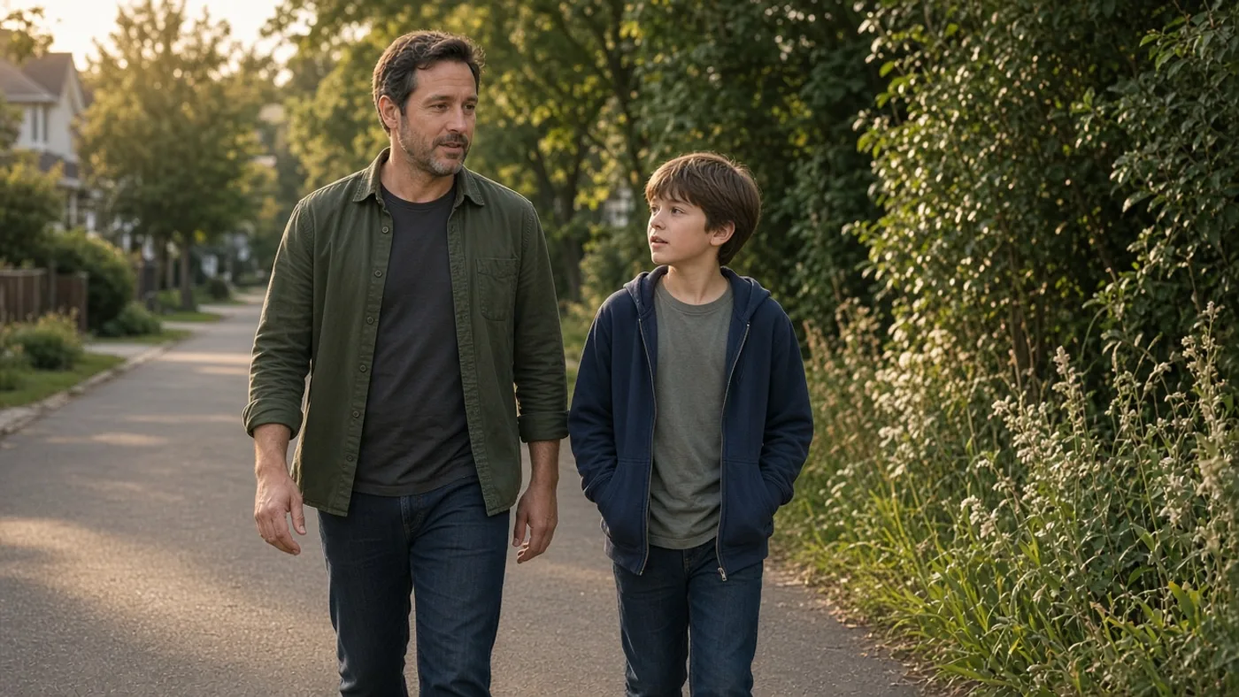 Father and child walking together on a quiet suburban path
