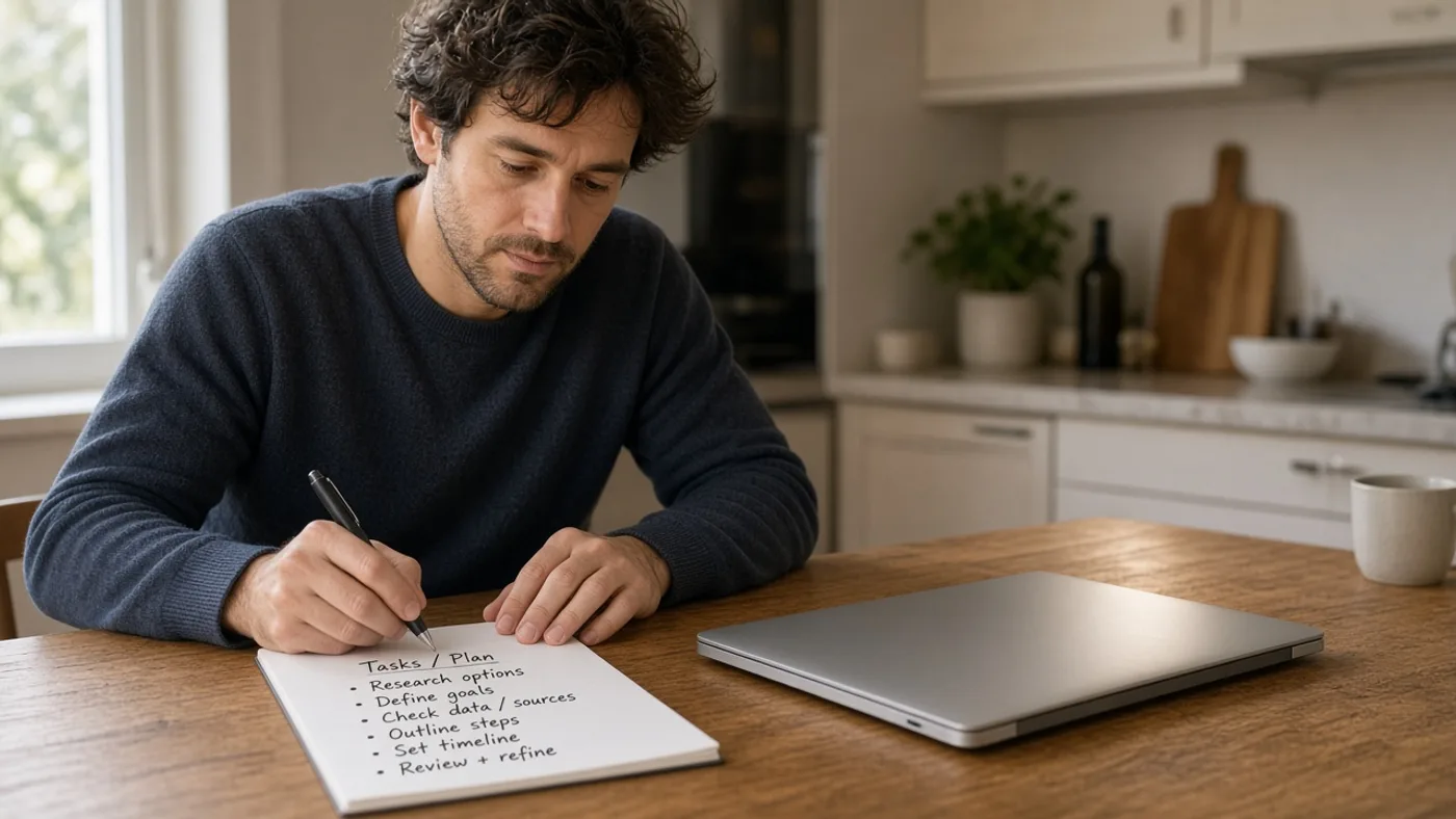 Laptop closed beside a handwritten task list on a kitchen counter