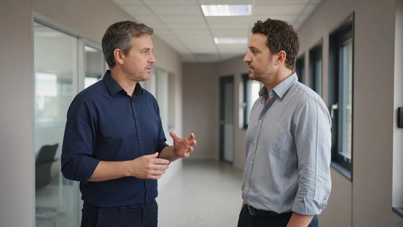 Two colleagues talking honestly in an ordinary workplace corridor