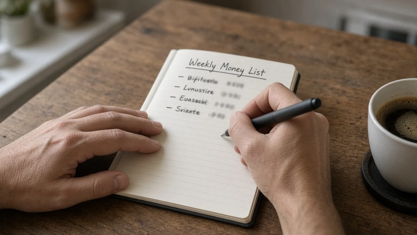 Notebook and household paperwork on a kitchen table during a quiet money review