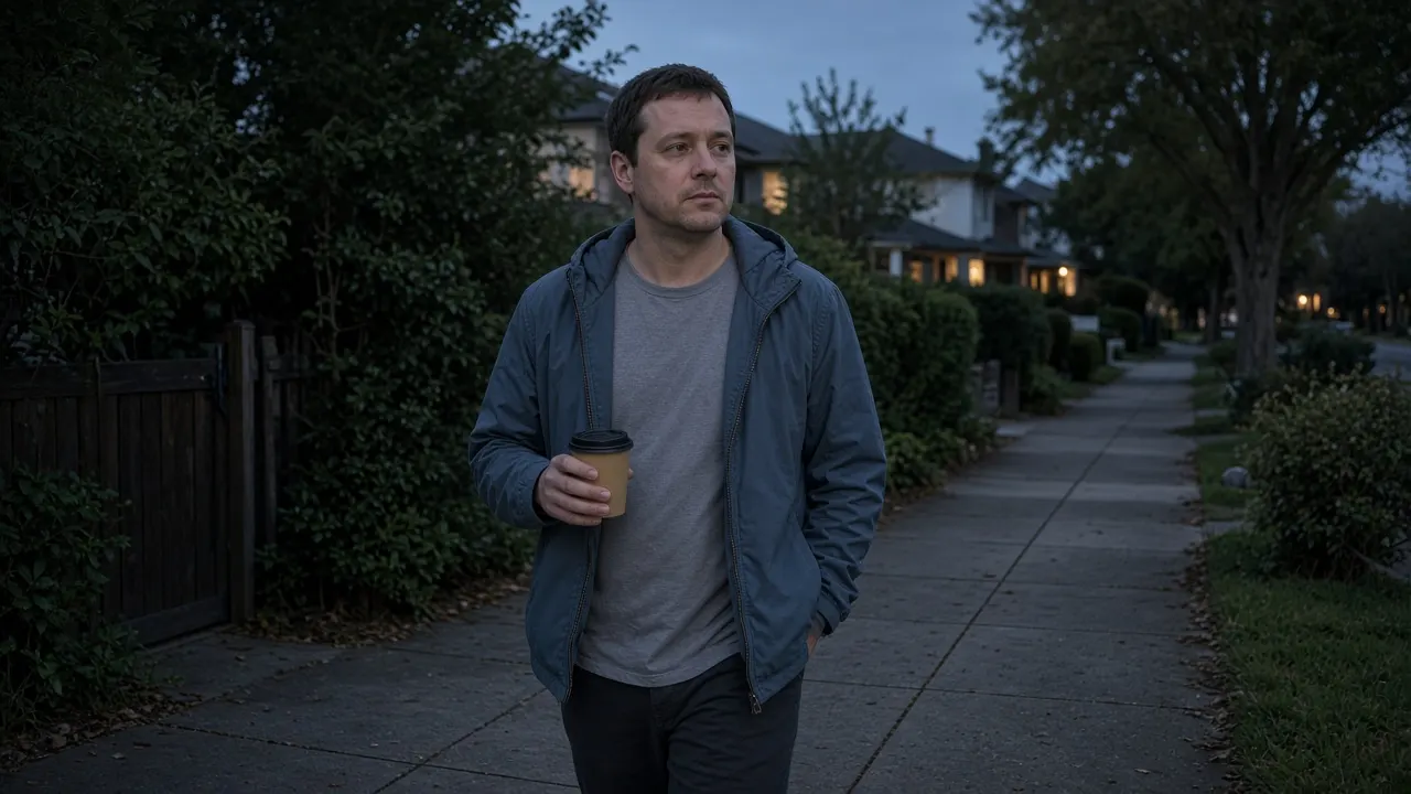 A man walking a quiet footpath at dusk after a long day